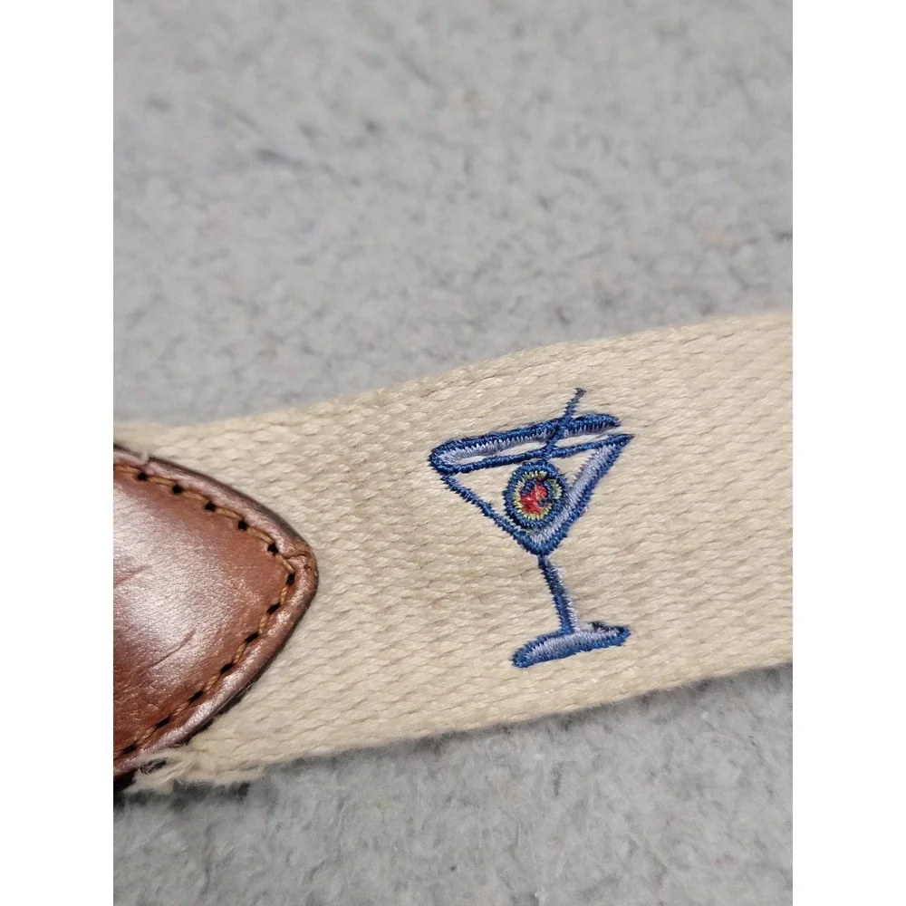 J.McLaughlin Belt Mens 40 Khaki Ashton Embroidered Martini Webbing Leather Trim‎